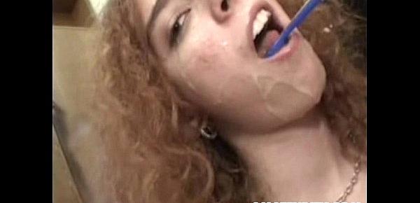  She brushes her teeth with cum after a gangbang